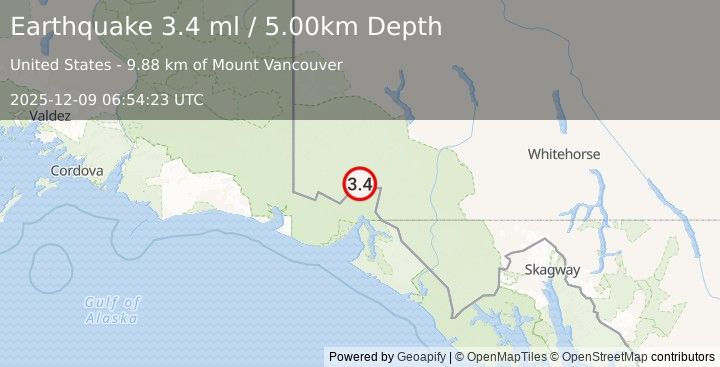 Earthquake SOUTHERN YUKON TERRITORY, CANADA (3.4 ml) (2025-12-09 06:54:23 UTC)