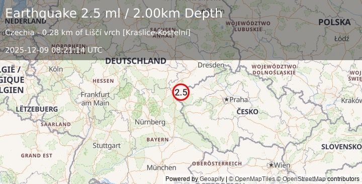 Earthquake CZECH REPUBLIC (2.5 ml) (2025-12-09 08:21:14 UTC)