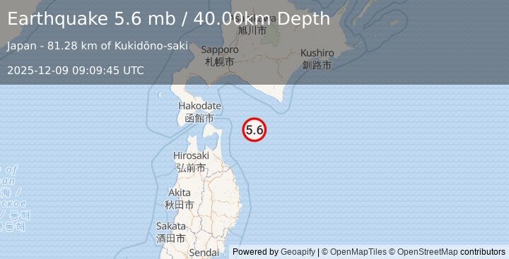 Earthquake HOKKAIDO, JAPAN REGION (5.1 mw) (2025-12-09 09:09:47 UTC)