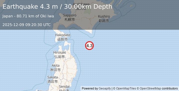 Earthquake HOKKAIDO, JAPAN REGION (4.3 m) (2025-12-09 09:20:30 UTC)