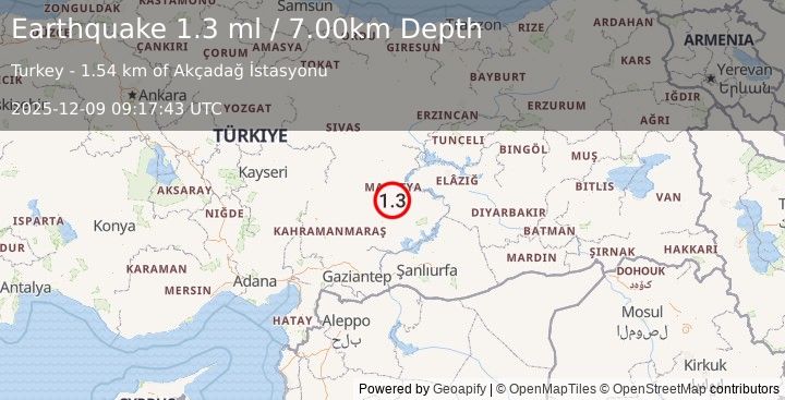 Earthquake EASTERN TURKEY (1.3 ml) (2025-12-09 09:17:43 UTC)
