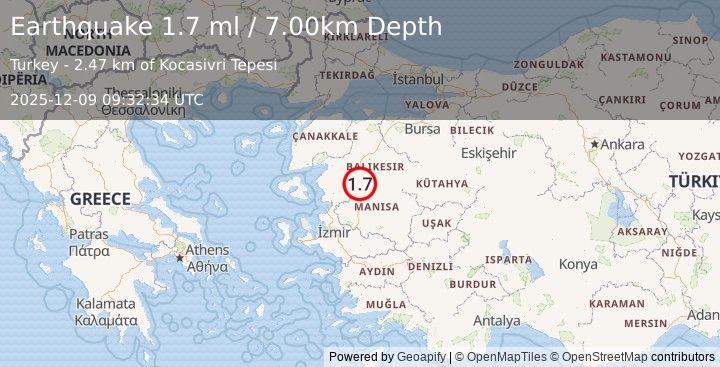 Earthquake WESTERN TURKEY (1.7 ml) (2025-12-09 09:32:32 UTC)
