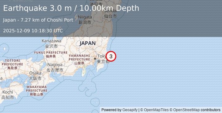Earthquake NEAR EAST COAST OF HONSHU, JAPAN (3.0 m) (2025-12-09 10:18:30 UTC)