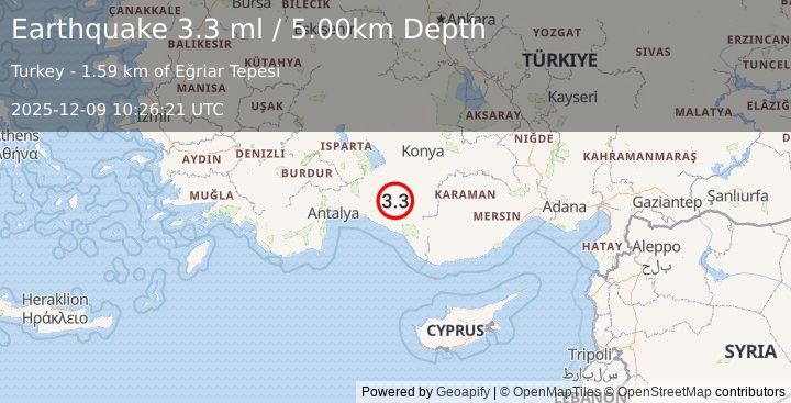 Earthquake WESTERN TURKEY (3.2 ml) (2025-12-09 10:26:22 UTC)