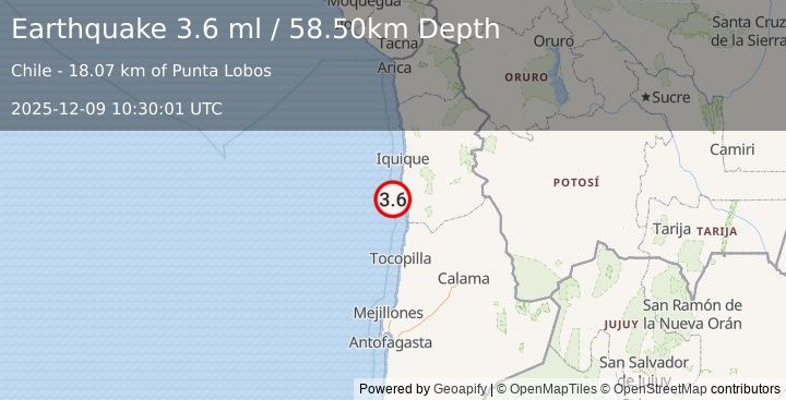 Earthquake OFFSHORE ANTOFAGASTA, CHILE (3.6 ml) (2025-12-09 10:30:01 UTC)