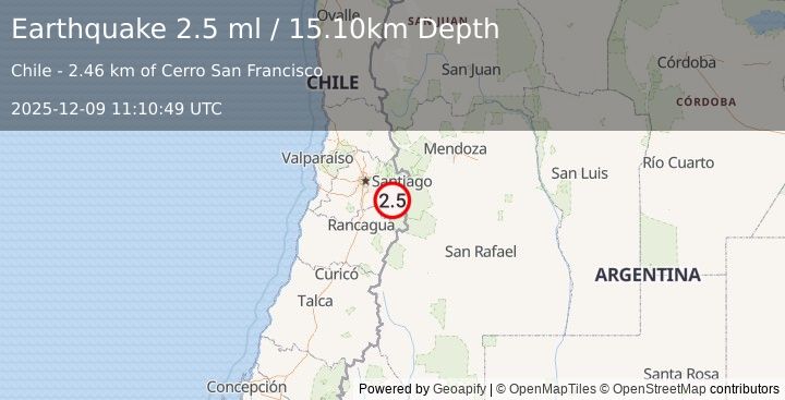 Earthquake REGION METROPOLITANA, CHILE (2.5 ml) (2025-12-09 11:10:49 UTC)