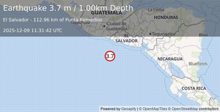 Earthquake OFF THE COAST OF EL SALVADOR (3.7 m) (2025-12-09 11:31:42 UTC)