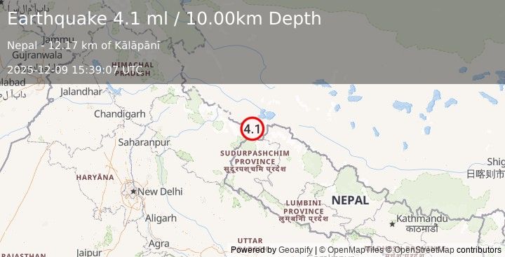 Earthquake WESTERN XIZANG-INDIA BORDER REG. (4.2 m) (2025-12-09 15:39:12 UTC)