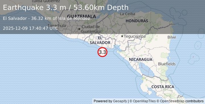 Earthquake OFFSHORE EL SALVADOR (3.3 m) (2025-12-09 17:40:47 UTC)