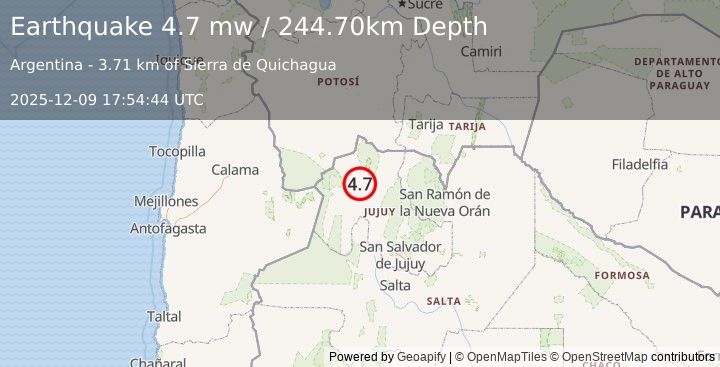 Earthquake JUJUY, ARGENTINA (4.7 mw) (2025-12-09 17:54:44 UTC)