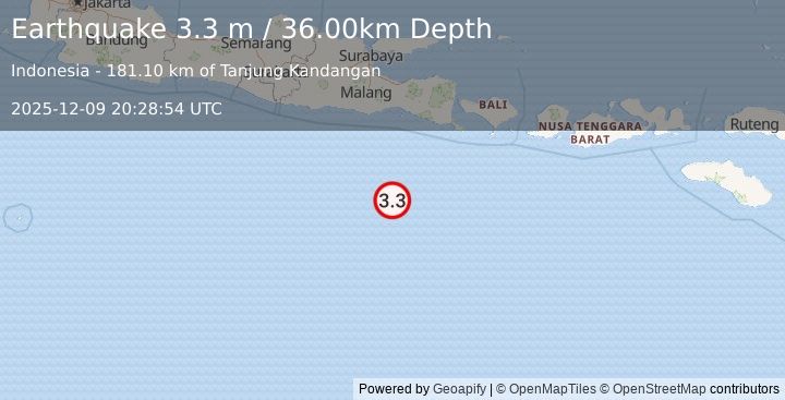 Earthquake SOUTH OF JAVA, INDONESIA (3.3 m) (2025-12-09 20:28:54 UTC)
