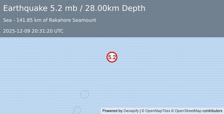 Earthquake SOUTH OF TONGA (5.2 mb) (2025-12-09 20:31:20 UTC)