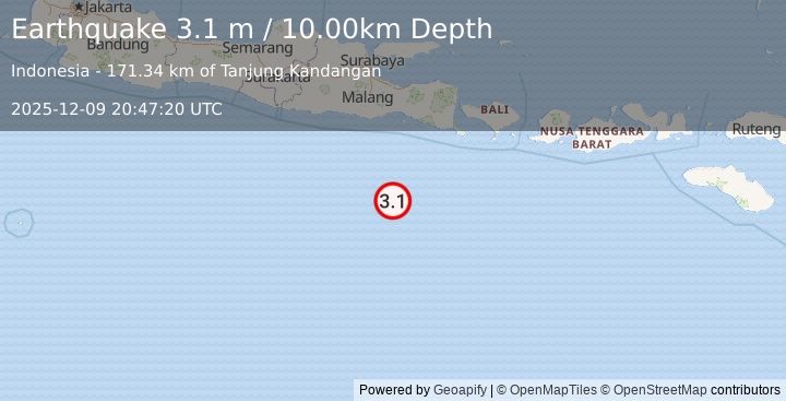 Earthquake SOUTH OF JAVA, INDONESIA (3.1 m) (2025-12-09 20:47:20 UTC)