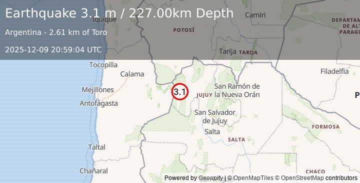 Earthquake JUJUY, ARGENTINA (3.1 m) (2025-12-09 20:59:04 UTC)