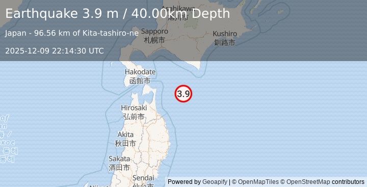 Earthquake HOKKAIDO, JAPAN REGION (3.9 m) (2025-12-09 22:14:30 UTC)