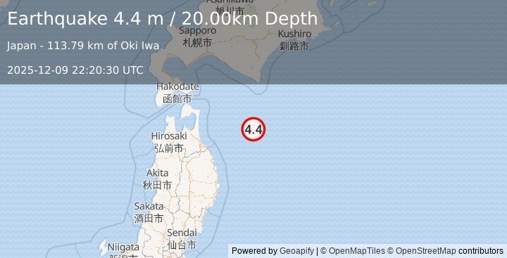 Earthquake OFF EAST COAST OF HONSHU, JAPAN (4.4 m) (2025-12-09 22:20:30 UTC)