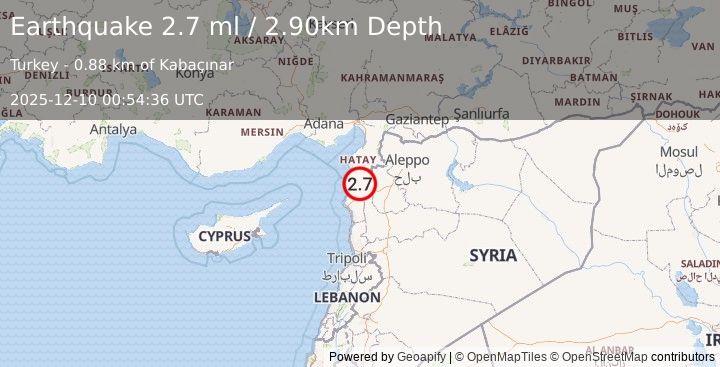 Earthquake TURKEY-SYRIA BORDER REGION (2.6 ml) (2025-12-10 00:54:38 UTC)