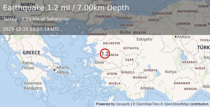 Earthquake WESTERN TURKEY (1.2 ml) (2025-12-10 03:23:13 UTC)