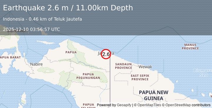 Earthquake NEAR N COAST OF PAPUA, INDONESIA (2.6 m) (2025-12-10 03:56:57 UTC)