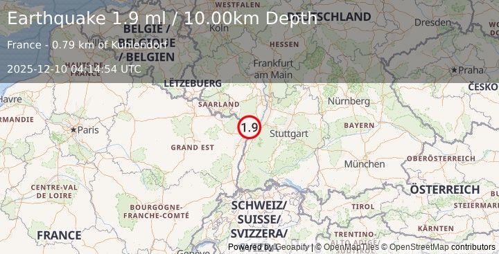 Earthquake FRANCE-GERMANY BORDER REGION (2.1 ml) (2025-12-10 04:14:53 UTC)