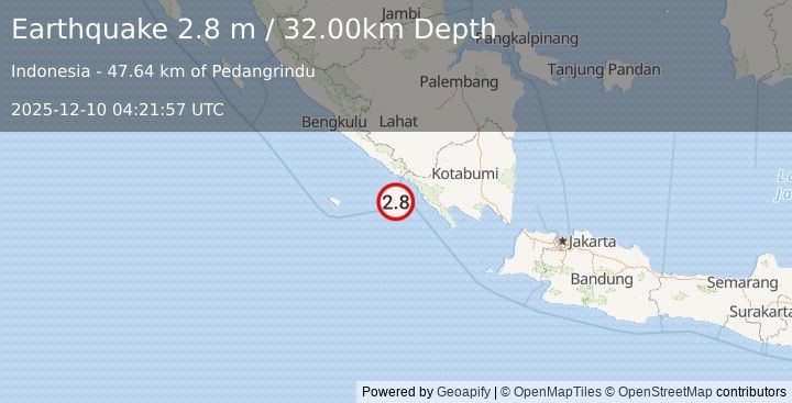 Earthquake SOUTHERN SUMATRA, INDONESIA (2.8 m) (2025-12-10 04:21:57 UTC)