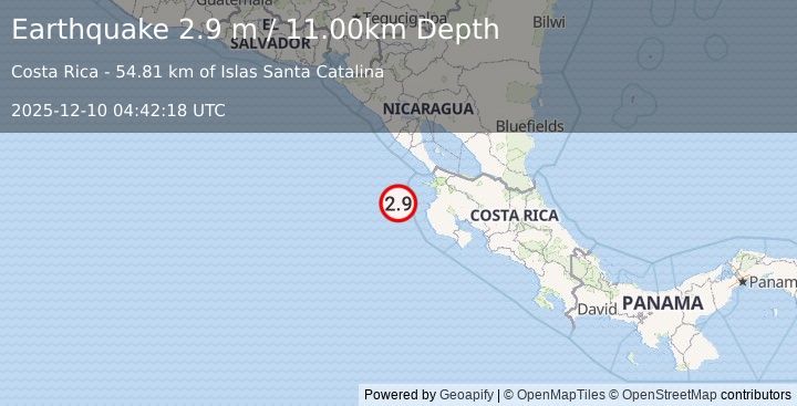 Earthquake NEAR COAST OF NICARAGUA (2.8 m) (2025-12-10 04:42:19 UTC)