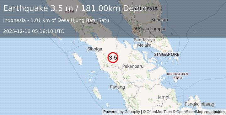 Earthquake NORTHERN SUMATRA, INDONESIA (3.5 m) (2025-12-10 05:16:10 UTC)