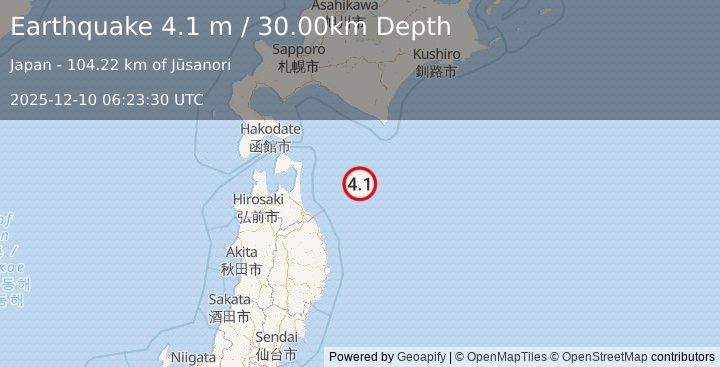 Earthquake HOKKAIDO, JAPAN REGION (4.1 m) (2025-12-10 06:23:30 UTC)