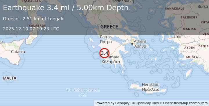 Earthquake SOUTHERN GREECE (3.9 ml) (2025-12-10 07:19:22 UTC)