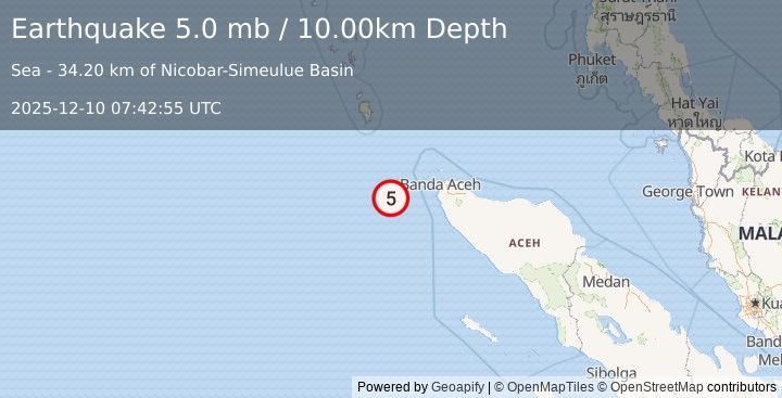 Earthquake NORTHERN SUMATRA, INDONESIA (5.0 mb) (2025-12-10 07:42:55 UTC)