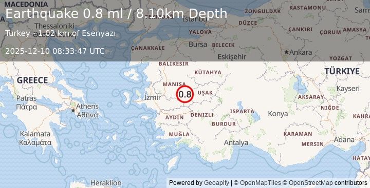 Earthquake WESTERN TURKEY (0.8 ml) (2025-12-10 08:33:47 UTC)