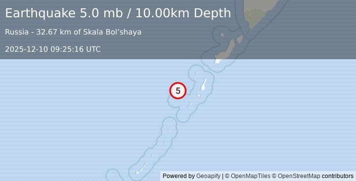 Earthquake KURIL ISLANDS (5.0 mb) (2025-12-10 09:25:16 UTC)