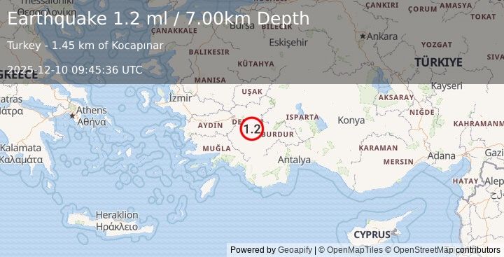 Earthquake WESTERN TURKEY (1.2 ml) (2025-12-10 09:45:36 UTC)