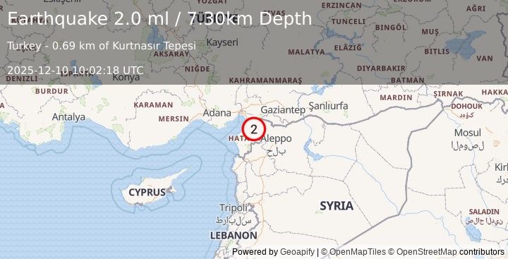 Earthquake TURKEY-SYRIA BORDER REGION (2.0 ml) (2025-12-10 10:02:18 UTC)