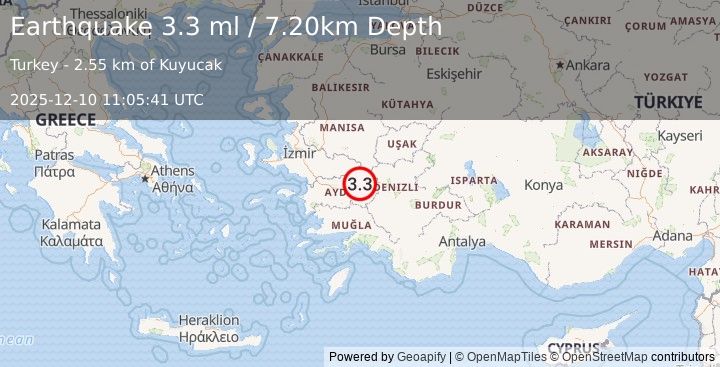 Earthquake WESTERN TURKEY (3.3 ml) (2025-12-10 11:05:41 UTC)