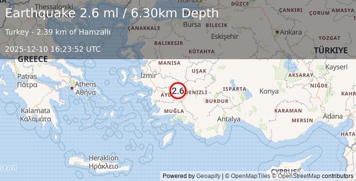 Earthquake WESTERN TURKEY (2.6 ml) (2025-12-10 16:23:52 UTC)