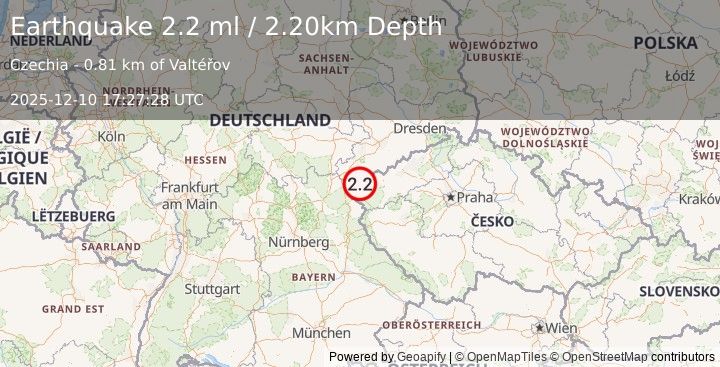 Earthquake CZECH REPUBLIC (2.2 ml) (2025-12-10 17:27:28 UTC)