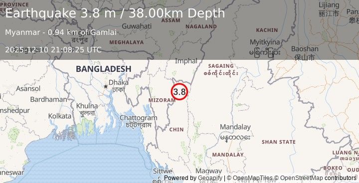 Earthquake MYANMAR-INDIA BORDER REGION (3.8 m) (2025-12-10 21:08:25 UTC)