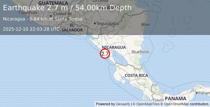 Earthquake NEAR COAST OF NICARAGUA (2.6 m) (2025-12-10 22:03:26 UTC)