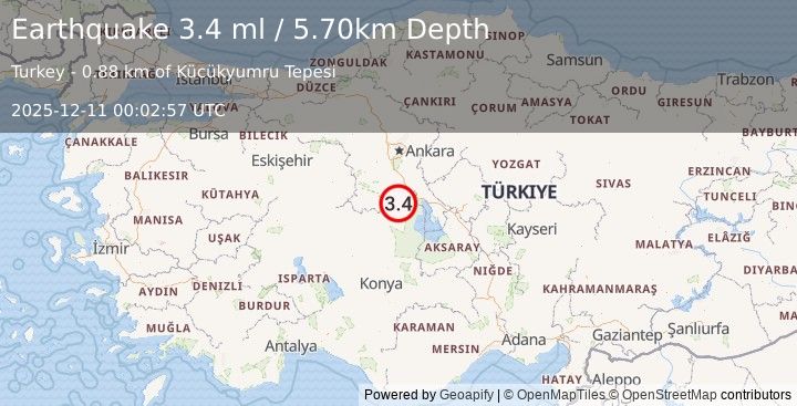 Earthquake CENTRAL TURKEY (3.4 ml) (2025-12-11 00:02:57 UTC)
