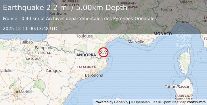 Earthquake PYRENEES (2.2 ml) (2025-12-11 00:13:48 UTC)