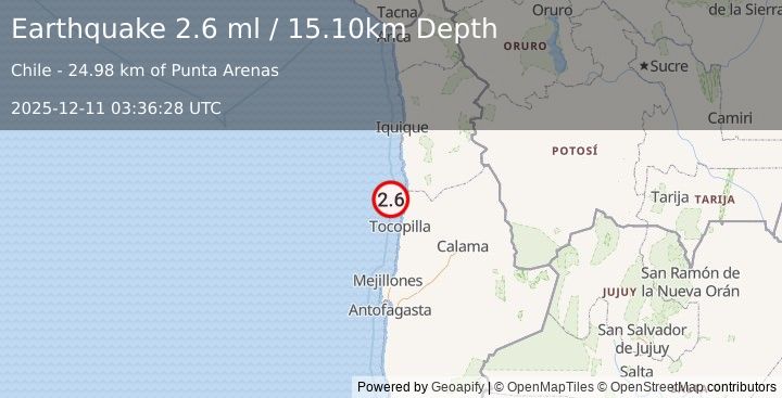 Earthquake OFFSHORE ANTOFAGASTA, CHILE (2.6 ml) (2025-12-11 03:36:28 UTC)