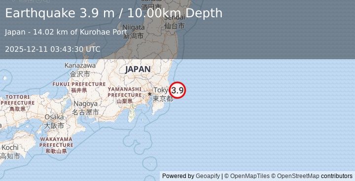 Earthquake NEAR EAST COAST OF HONSHU, JAPAN (3.9 m) (2025-12-11 03:43:30 UTC)