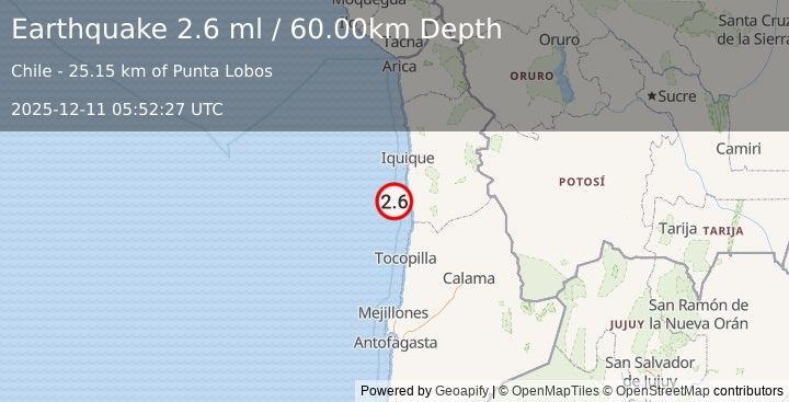 Earthquake OFFSHORE ANTOFAGASTA, CHILE (2.6 ml) (2025-12-11 05:52:27 UTC)