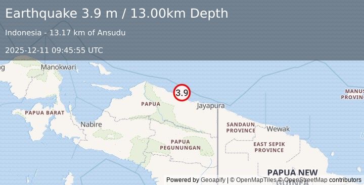 Earthquake NEAR N COAST OF PAPUA, INDONESIA (3.9 m) (2025-12-11 09:45:55 UTC)