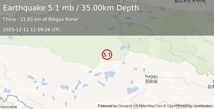 Earthquake WESTERN XIZANG (5.1 mb) (2025-12-11 11:59:21 UTC)