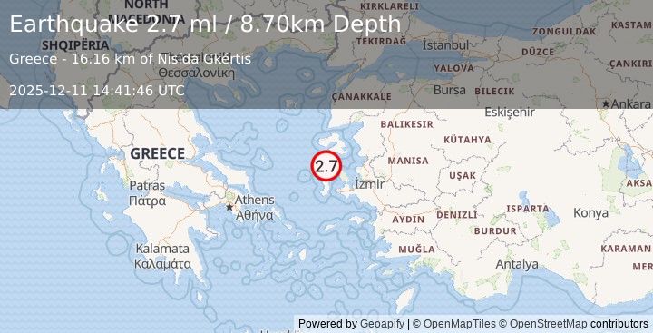 Earthquake NEAR THE COAST OF WESTERN TURKEY (2.7 ml) (2025-12-11 14:41:46 UTC)