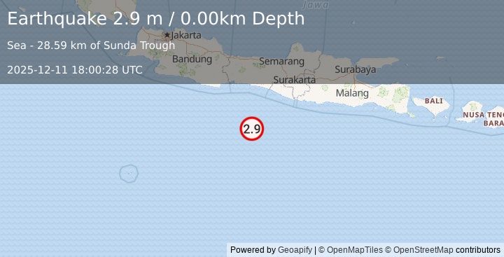 Earthquake SOUTH OF JAVA, INDONESIA (2.9 m) (2025-12-11 18:00:28 UTC)