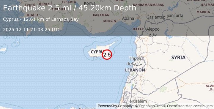 Earthquake CYPRUS REGION (2.5 ml) (2025-12-11 21:03:25 UTC)