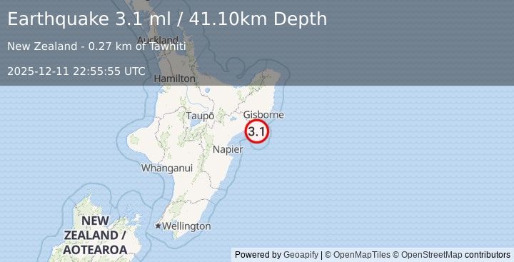 Earthquake OFF E. COAST OF N. ISLAND, N.Z. (3.1 ml) (2025-12-11 22:55:55 UTC)